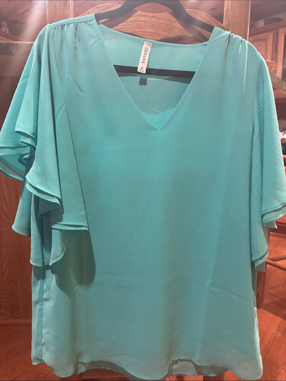 Zenana Outfitters Teal V-Neck Flutter Sleeve Blouse
